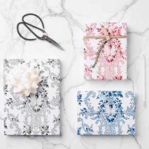 Elegant French Rococo Floral-Pink, Grey & Blue Inpakpapier Vel