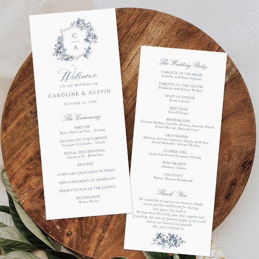 Elegant French Rozen Dusty Blue Crest Wedding Programma