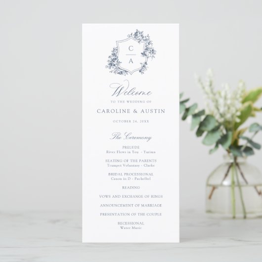 Elegant French Rozen Dusty Blue Crest Wedding Programma (Staand voorkant)