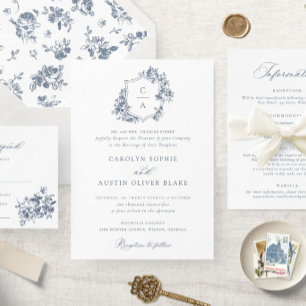 Elegant French Rozen Floral Blue Crest Wedding Kaart