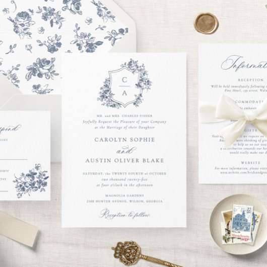 Elegant French Rozen Floral Blue Crest Wedding Kaart