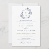 Elegant French Rozen Floral Blue Crest Wedding Kaart (Voorkant)