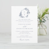 Elegant French Rozen Floral Blue Crest Wedding Kaart (Staand voorkant)