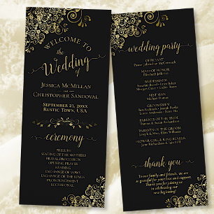 Elegant Frilly Zwart & Goud Bruiloft Programma