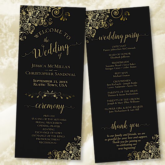 Elegant Frilly Zwart & Goud Bruiloft Programma