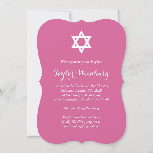 Elegant Fuchsia Bat Mitzvah Uitnodiging (Voorkant)