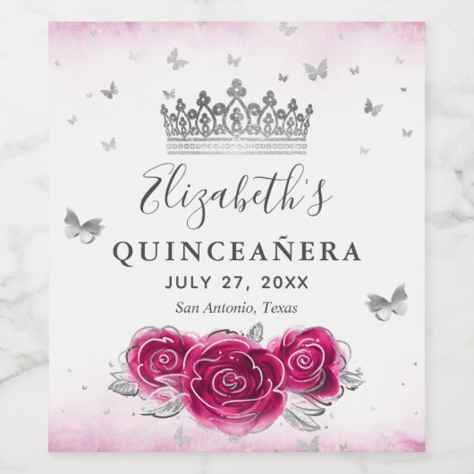 Elegant Fuchsia en Zilveren Kroon Perkament Papier Wijn Etiket (Enkel label)