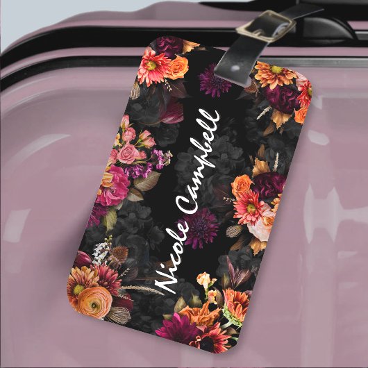 Elegant fuchsia-oranje bloemmonogram bagagelabel