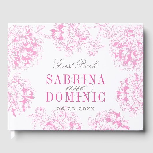 Elegant Fuchsia Pink en Gray Floral Peony Wedding Gastenboek (Voorkant)