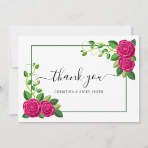 Elegant Fuchsia Pink Rose Bouquet Flowers Weddensc Bedankkaart
