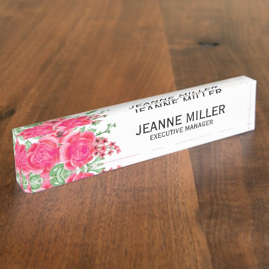 Elegant Fuchsia Pink Rose Flowers Manager White Naambordje (Zijkant)