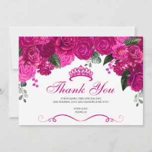 Elegant Fuchsia Pink Silver Floral Quinceanera Bedankkaart