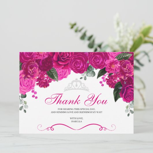 Elegant Fuchsia Pink Silver Floral Quinceanera Bedankkaart (Staand voorkant)