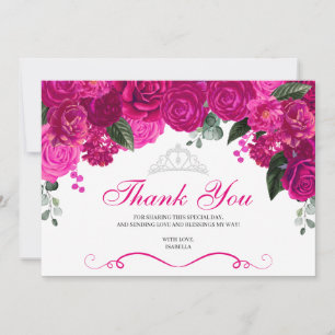 Elegant Fuchsia Pink Silver Floral Quinceanera Bedankkaart