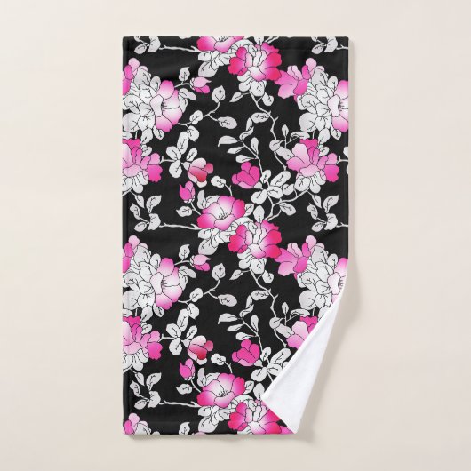 Elegant Fuchsia Pink White Black Floral Pattern Bad Handdoek (Handdoek)