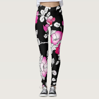 Élégant Fuchsia Rose Blanc noir Leggings floraux