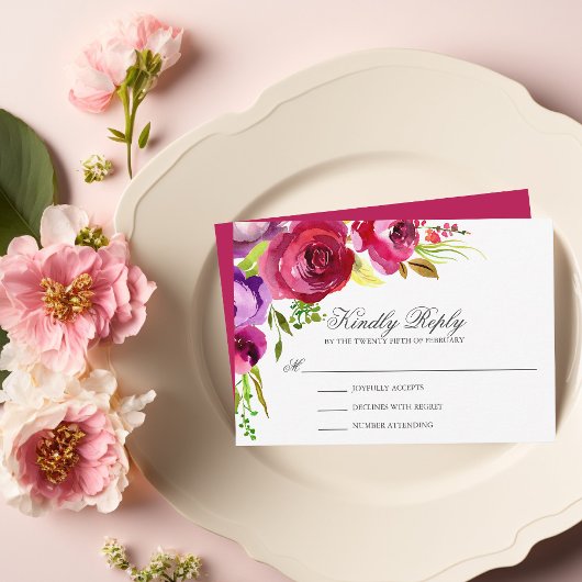 Elégant Fuchsia rose Floral Mariage carte RSVP