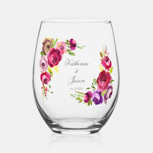 Elegant Fuchsia Roze Bloemen Bruiloft Keepsake Wijnglas Zonder Voet (Voorkant)