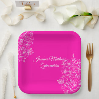 Elegant Fuchsia Roze en Witte Bloemen Papier Papieren Bordje