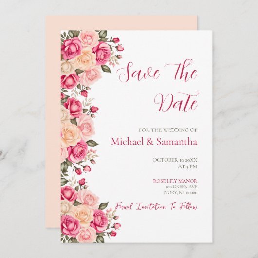 Elegant Fucia Roze en Ivoor Roos Bruiloft Save The Date (Voorkant / Achterkant)