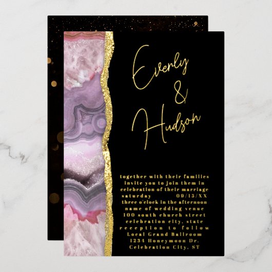 Elegant Galaxy Geode Pink & Gold Wedding Folie Uitnodiging (Voorkant / Achterkant)