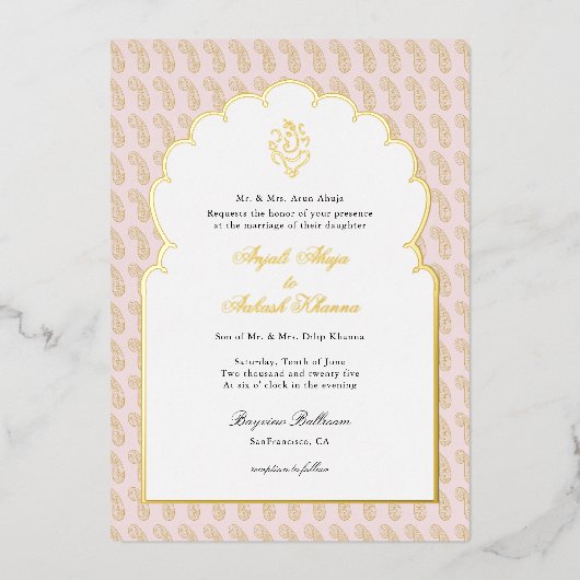 Elegant Ganesh Indian bruiloft Pink and Gold Folie Uitnodiging (Voorkant)