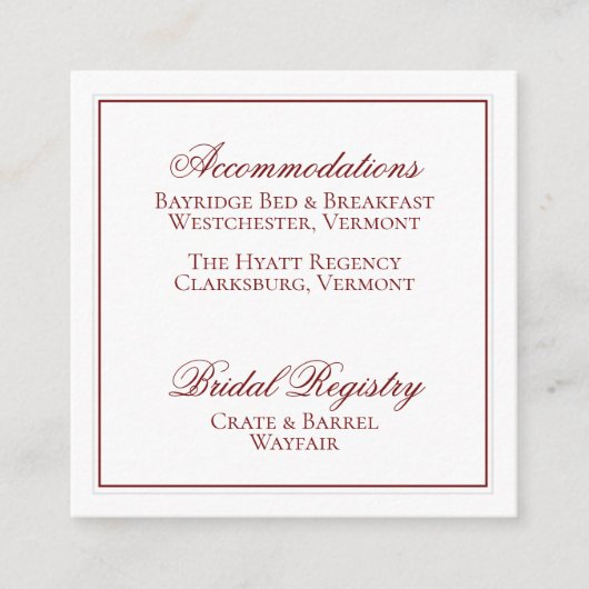 Elegant Garnet Red en White Wedding Details Card Informatiekaartje (Voorkant)