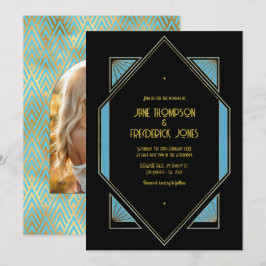 Elegant Gatsby Art Deco Blue & Gold Wedding Photo Kaart