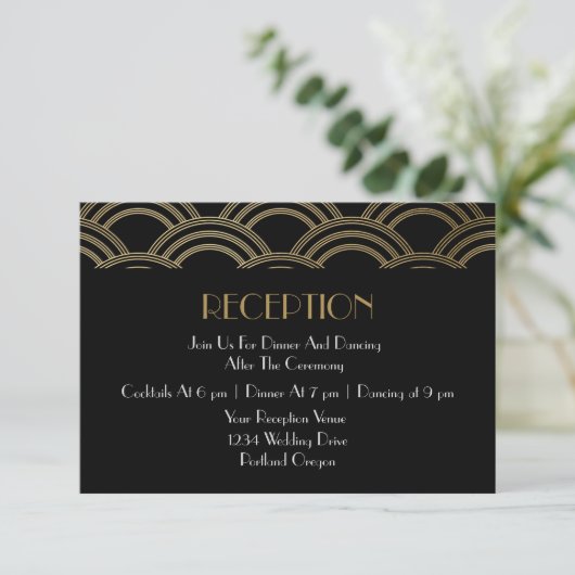 Elegant Gatsby Art Deco Gold Wedding Reception Informatiekaartje (Staand voorkant)