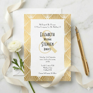Elegant Gatsby Art Deco White & Gold Wedding Kaart