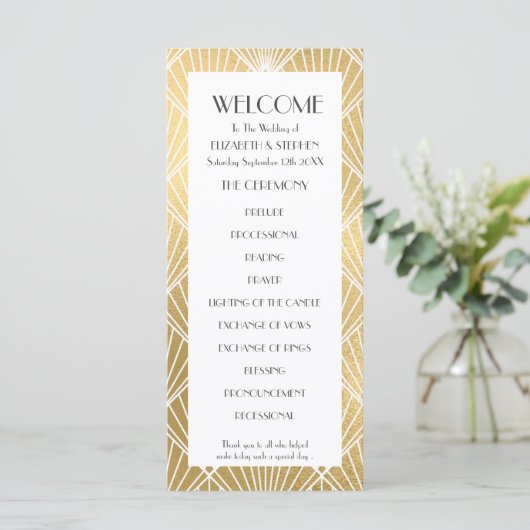 Elegant Gatsby Deco White & Gold Wedding Programme Programma (Staand voorkant)