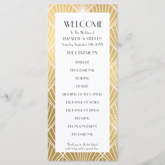 Elegant Gatsby Deco White & Gold Wedding Programme Programma (Voorkant)