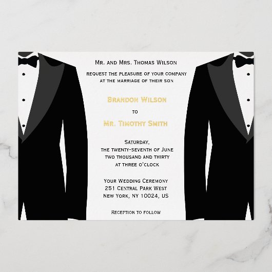 Elégant Gay Wedding Invitations Gold Foil Card (Recto)