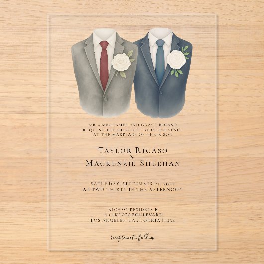 Elegant Gay Wedding Two Grooms in Suits Acryl Uitnodigingen (Voorkant)