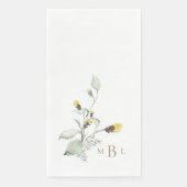 Elegant gebladerte & Monogram Geel Bloemen Bruilof Servet (Voorkant)