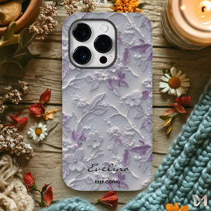 Elegant Geborduurd Lavendel Bloempatroon Case-Mate iPhone 14 Pro Hoesje