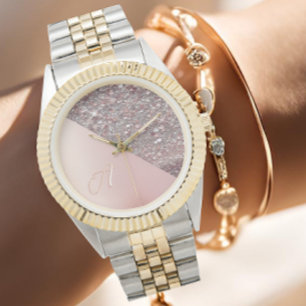 Elegant geborsteld Roos Gold Folie & Glitter Monog Horloge