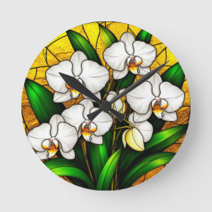 Elegant Gebrandschilderde Witte Orchideeën Ronde Klok