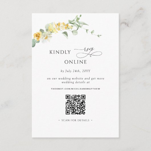 Elegant Geel Bloemen RSVP Online, QR Code Informatiekaartje (Voorkant)
