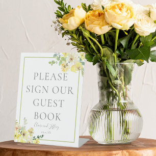 Elegant Geel Bloemen Sage Bruiloft Gastenboek Reclamebord Met Voetstuk