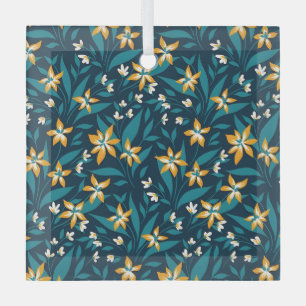 Elegant Geel Bloemmotief in Donkergroene Bladeren Glas Ornament