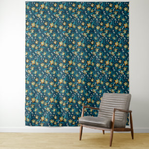 Elegant Geel Bloemmotief in Donkergroene Bladeren Wandkleed