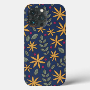 Elegant geel bloemmotief op blauw iPhone 13 pro hoesje