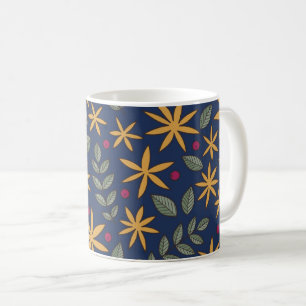 Elegant Geel Bloemmotief op Blauw Koffiemok
