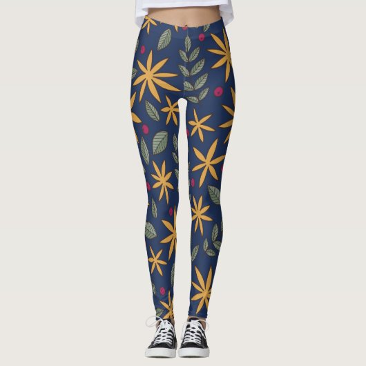 Elegant geel bloemmotief op blauw leggings (Voorkant)