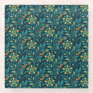 Elegant Geel en Teal Bloemmotief Ontwerp Glazen Onderzetter