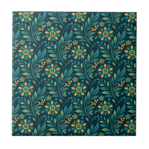 Elegant Geel en Tiaalkleurig Bloemmotief Ontwerp Tegeltje