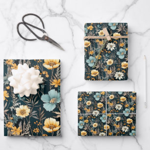 Elegant Geel en Zwart Bloemen Inpakpapier Vel