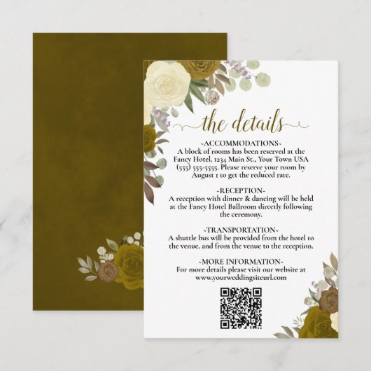 Elegant Geel Goud Rozen Bruiloft Details QR Code Informatiekaartje (Voorkant / Achterkant)