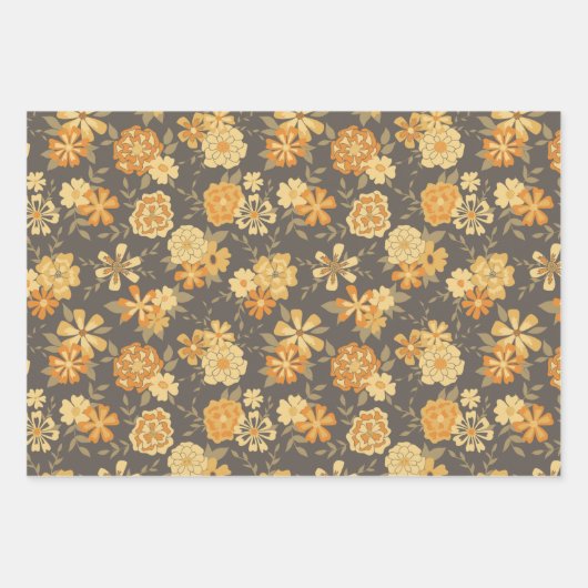 Elegant geel goud Sinaasappel bloemen op bruin Inpakpapier Vel (Voorkant)